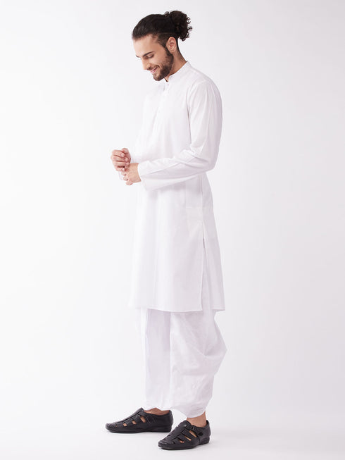 Vastramay Men's White Cotton Blend Kurta And Dhoti Set