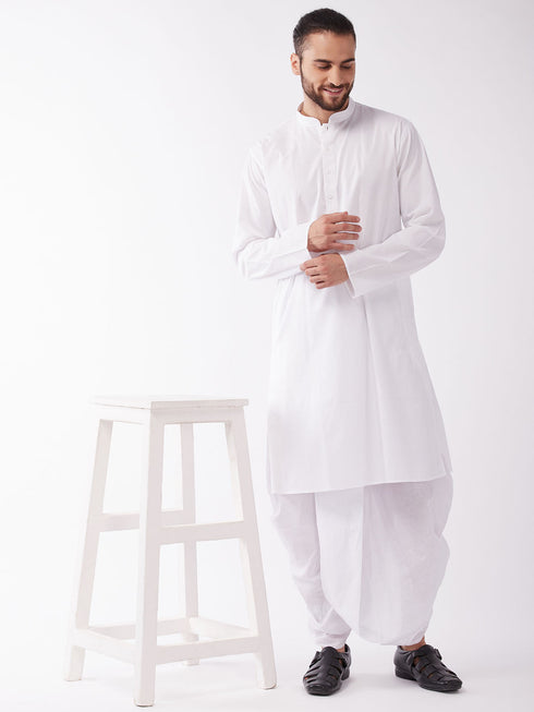 Vastramay Men's White Cotton Blend Kurta And Dhoti Set