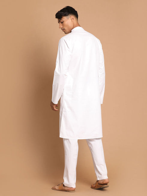 Vastramay Men's White Kurta With White Solid Cotton Pant Style Pyjama Set With Prayer Cap