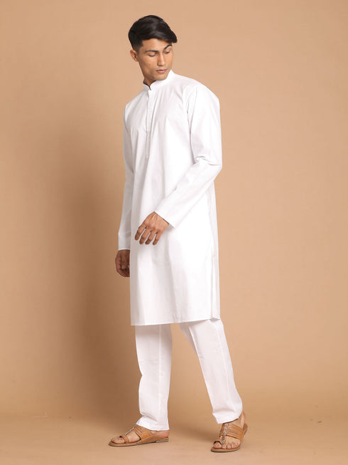 Vastramay Men's White Kurta With White Solid Cotton Pant Style Pyjama Set