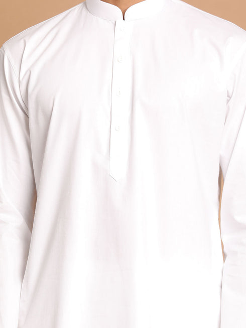 Vastramay Men's White Kurta With White Solid Cotton Pant Style Pyjama Set