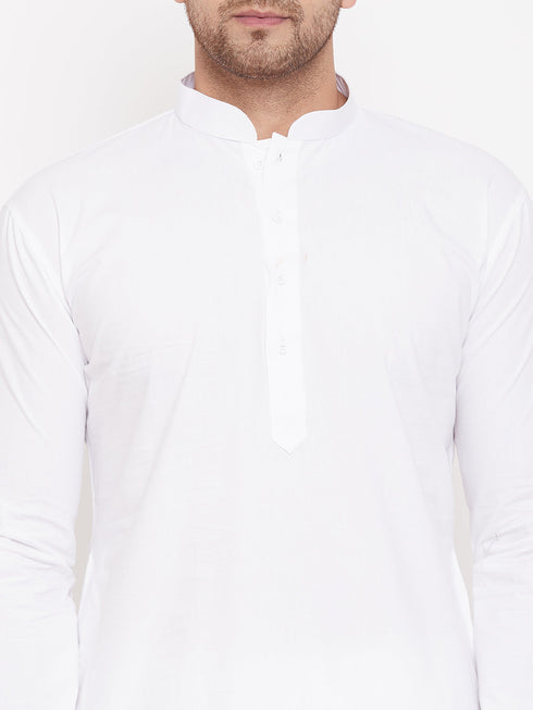 Vastramay Men's White Cotton Blend Kurta Pyjama Set With A Prayer Cap