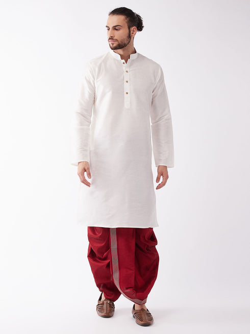 Vastramay Men's White And Maroon Silk Blend Kurta And Dhoti Set