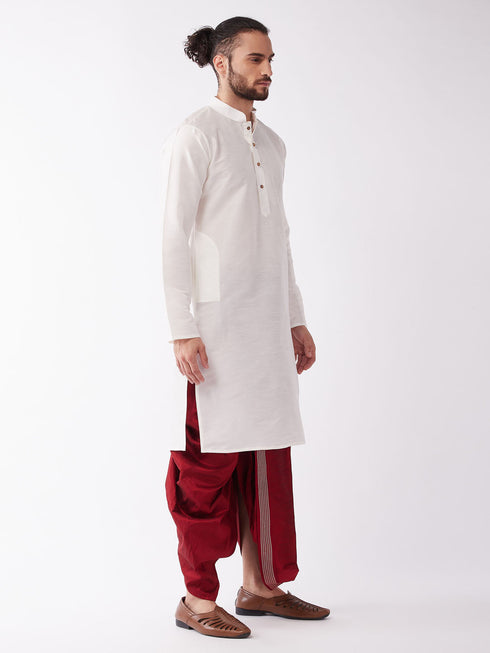 Vastramay Men's White And Maroon Silk Blend Kurta And Dhoti Set