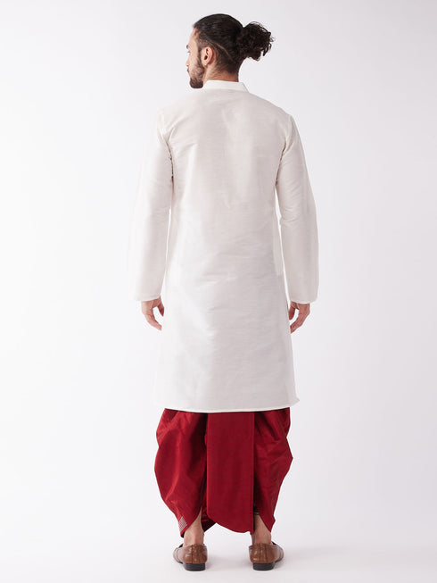 Vastramay Men's White And Maroon Silk Blend Kurta And Dhoti Set
