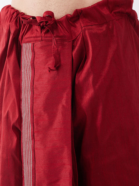 Vastramay Men's White And Maroon Silk Blend Kurta And Dhoti Set