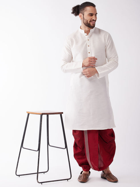 Vastramay Men's White And Maroon Silk Blend Kurta And Dhoti Set