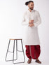 Vastramay Men's White And Maroon Silk Blend Kurta And Dhoti Set