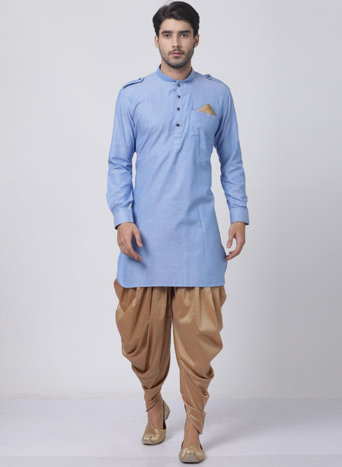 VASTRAMAY Men's Blue Cotton Blend Kurta and Dhoti Pant Set