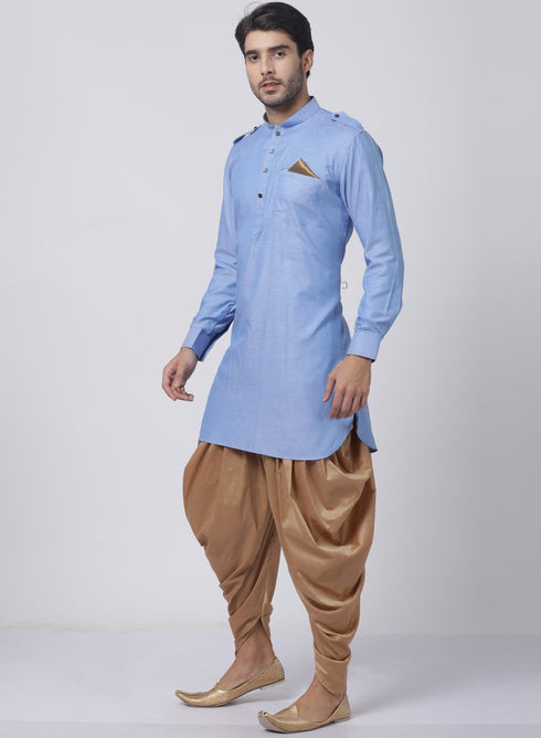 VASTRAMAY Men's Blue Cotton Blend Kurta and Dhoti Pant Set