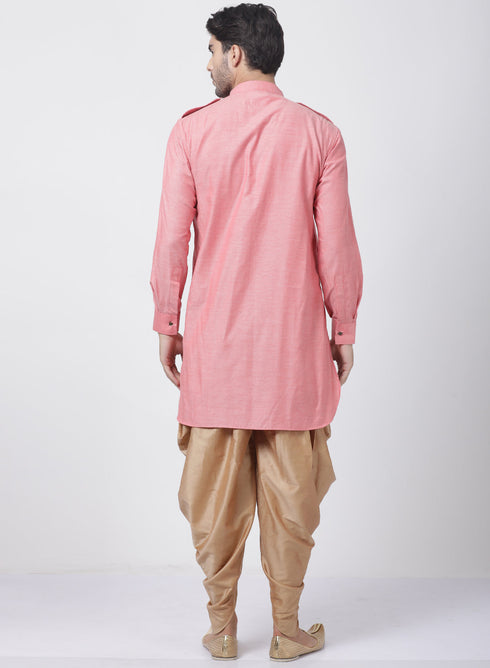 Vastramay Men's Red Cotton Kurta and Dhoti Pant Set