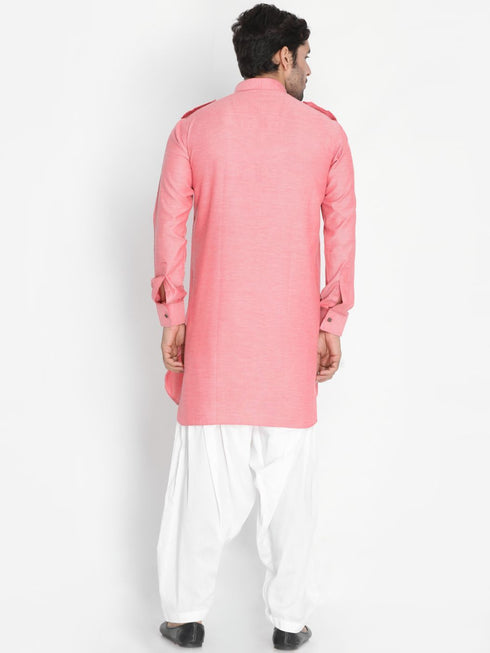 Vastramay Men's Red Cotton Blend Kurta and Patiala Set