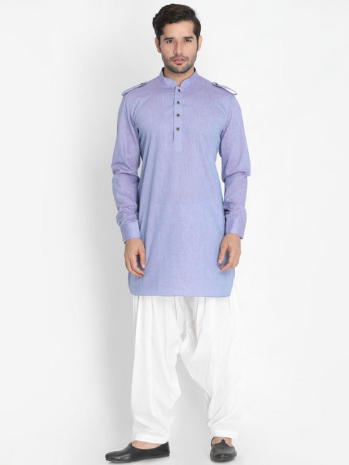 VASTRAMAY Men's Blue Cotton Blend Kurta and Patiala Set