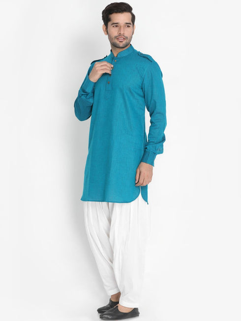 VASTRAMAY Men's Dark Green Cotton Blend Kurta and Patiala Set