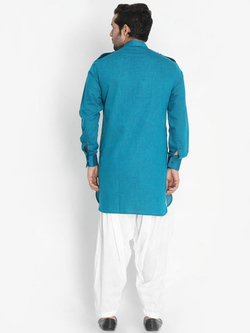 VASTRAMAY Men's Dark Green Cotton Blend Kurta and Patiala Set