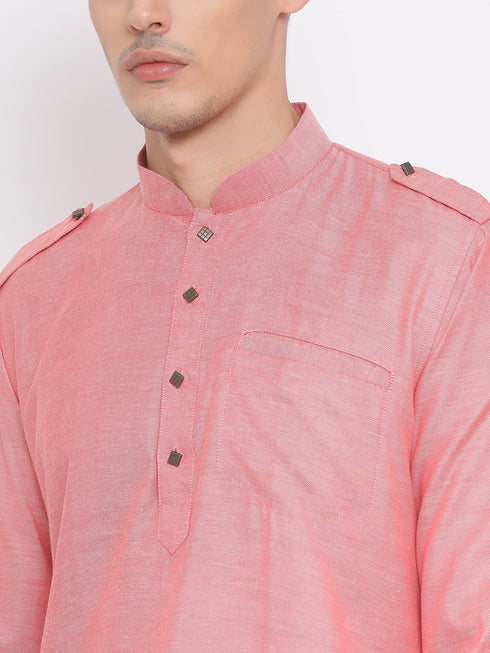Vastramay Men's Red Cotton Blend Kurta and Dhoti Set
