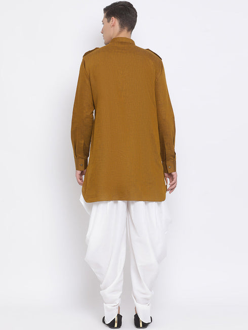 Vastramay Men's Brown Cotton Blend Kurta and White Dhoti Set