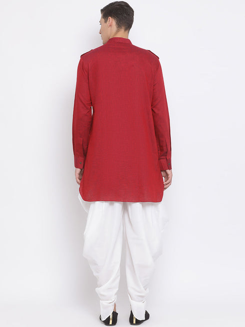 Vastramay Men's Maroon Cotton Blend Kurta and White Dhoti Set