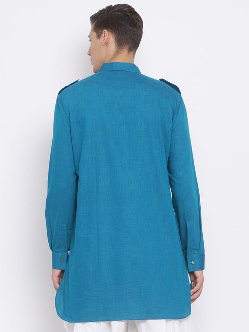 Vastramay Men's Turquoise Blue Cotton Blend Kurta