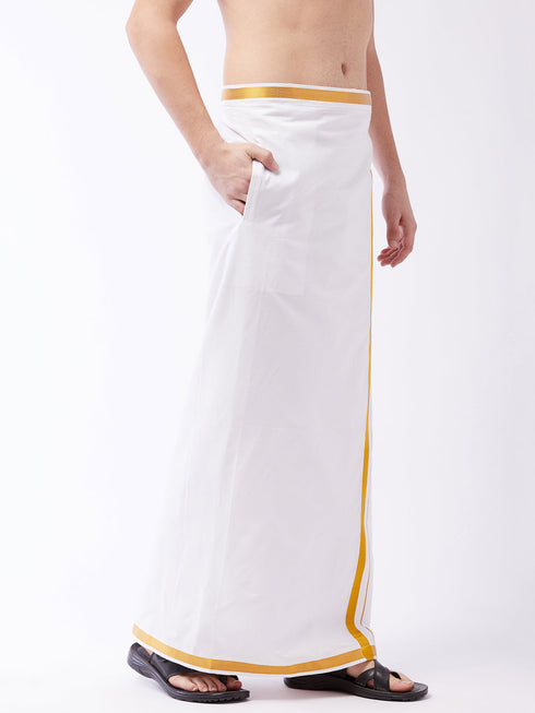 Vastramay Men's White And Gold Dhoti/Mundu/Vesty
