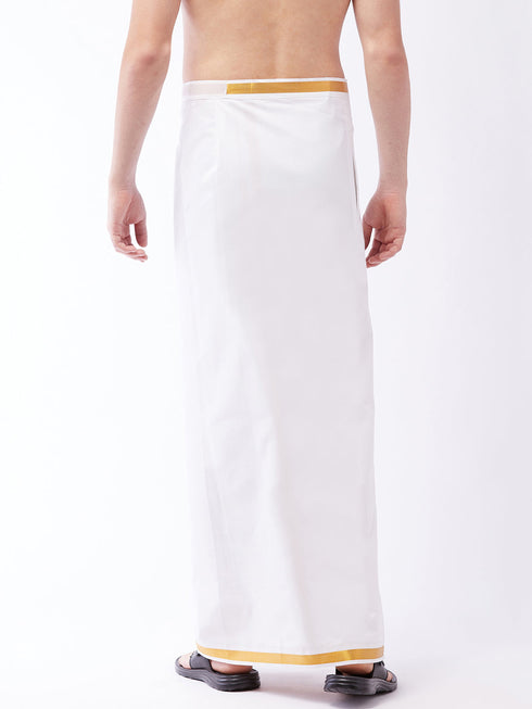 Vastramay Men's White And Gold Dhoti/Mundu/Vesty