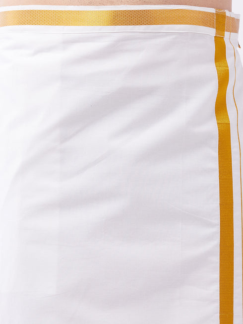 Vastramay Men's White And Gold Dhoti/Mundu/Vesty
