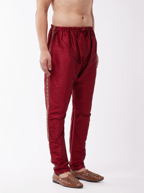 Vastramay Men's Maroon Silk Blend Embroidered Pyjama