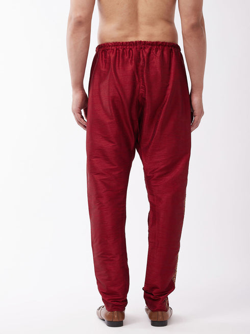 Vastramay Men's Maroon Silk Blend Embroidered Pyjama
