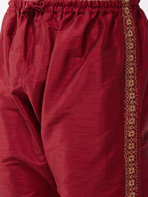 Vastramay Men's Maroon Silk Blend Embroidered Pyjama