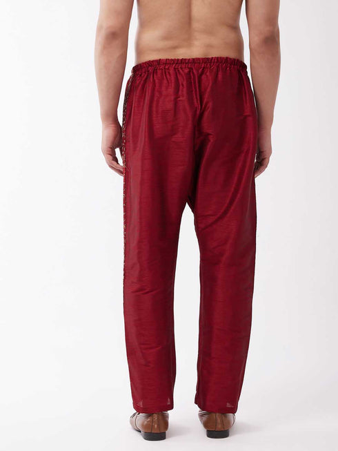 Vastramay Men's Maroon Silk Blend Embroidered Pyjama