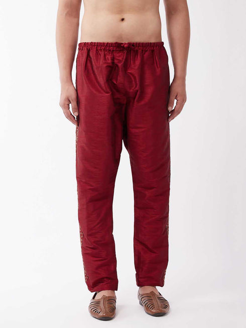 Vastramay Men's Maroon Silk Blend Embroidered Pyjama