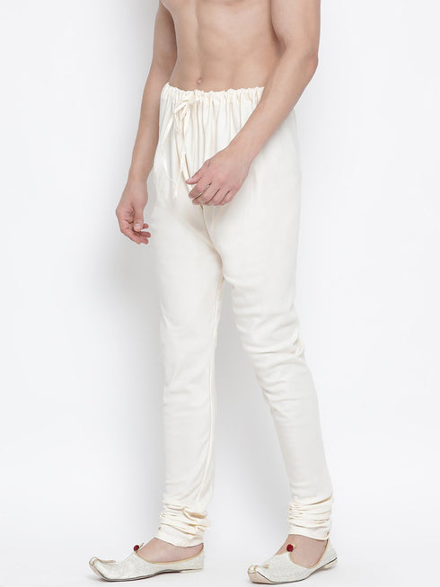 Vastramay Men's White Cotton Silk Blend Churidar