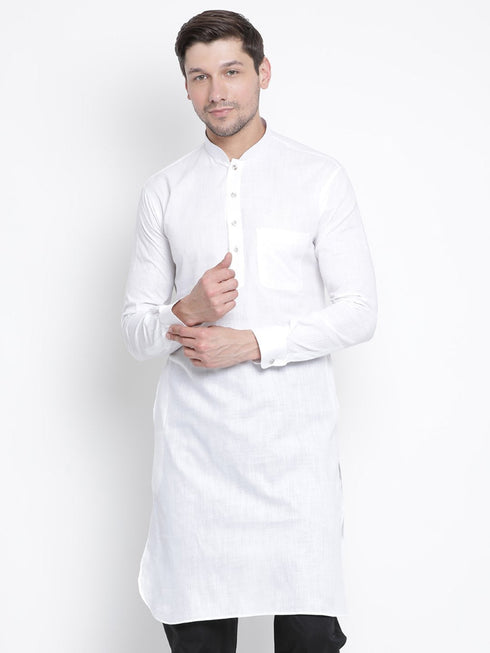 Vastramay Men's White Cotton Blend Pathani Kurta