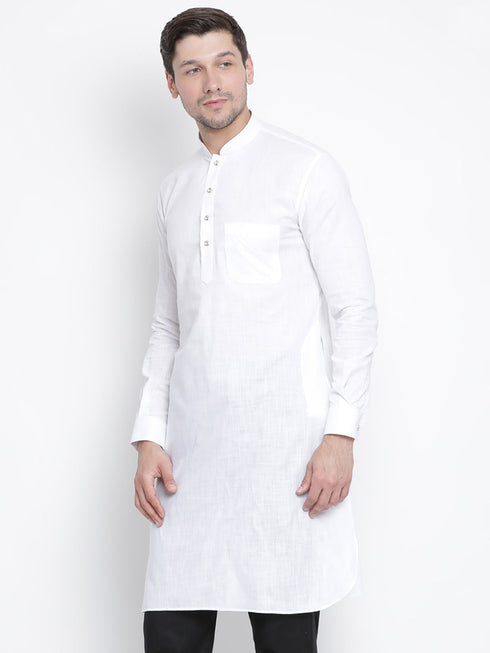 Vastramay Men's White Cotton Blend Pathani Kurta