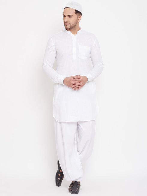 Vastramay Men's White Cotton Linen Blend Pathani Kurta Set With Prayer Cap
