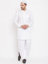 Vastramay Men's White Cotton Linen Blend Pathani Kurta Set With Prayer Cap