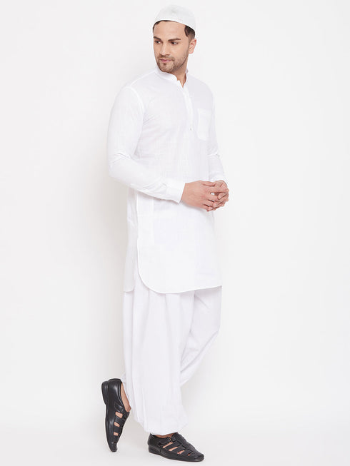 Vastramay Men's White Cotton Linen Blend Pathani Kurta Set With Prayer Cap