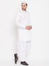 Vastramay Men's White Cotton Linen Blend Pathani Kurta Set With Prayer Cap