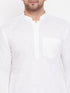 Vastramay Men's White Cotton Linen Blend Pathani Kurta Set With Prayer Cap