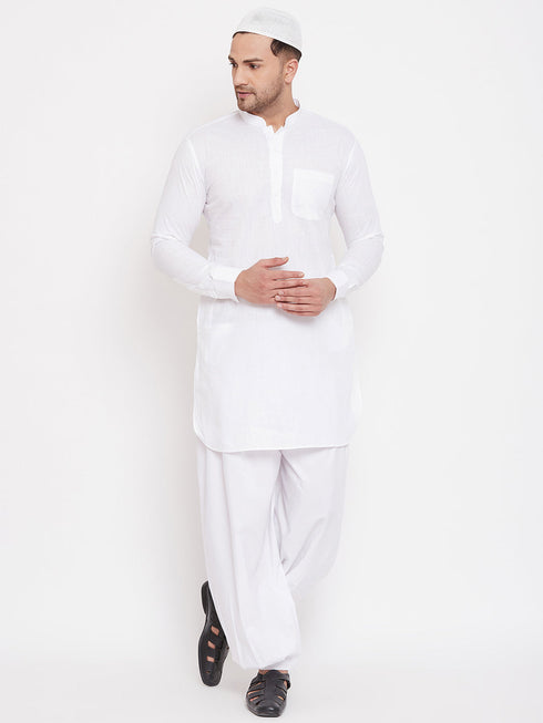 Vastramay Men's White Cotton Linen Blend Pathani Kurta Set With Prayer Cap