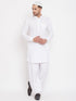 Vastramay Men's White Cotton Linen Blend Pathani Kurta Set With Prayer Cap