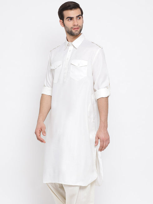 Vastramay Men's Cream Cotton Blend Pathani Style Kurta