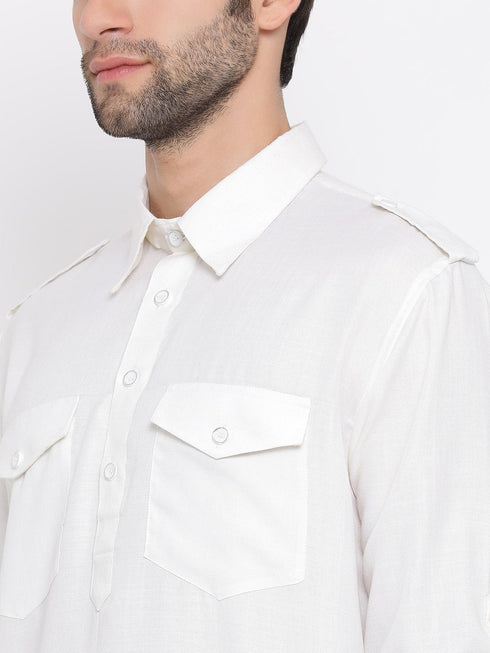 Vastramay Men's Cream Cotton Blend Pathani Style Kurta