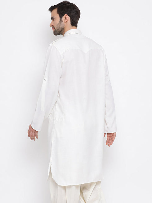 Vastramay Men's Cream Cotton Blend Pathani Style Kurta