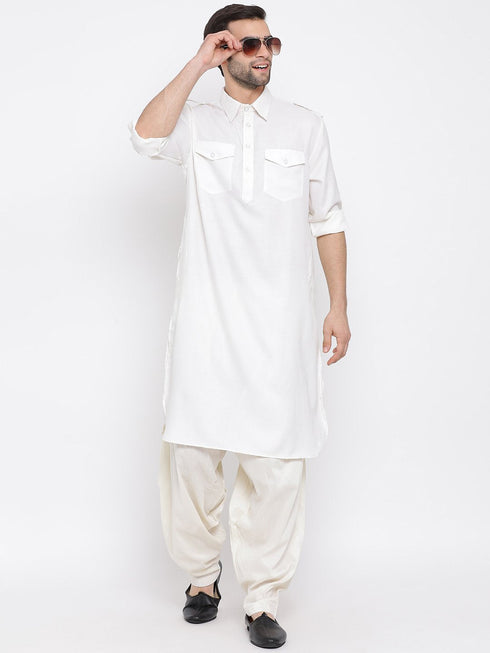 Vastramay Men's Cream Cotton Blend Pathani Style Kurta