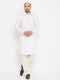 Vastramay Men's Cream And White Cotton Blend Pathani Kurta Set With Prayer Cap