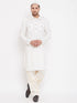 Vastramay Men's Cream And White Cotton Blend Pathani Kurta Set With Prayer Cap
