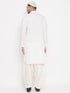 Vastramay Men's Cream And White Cotton Blend Pathani Kurta Set With Prayer Cap