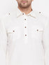 Vastramay Men's Cream And White Cotton Blend Pathani Kurta Set With Prayer Cap