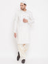 Vastramay Men's Cream And White Cotton Blend Pathani Kurta Set With Prayer Cap